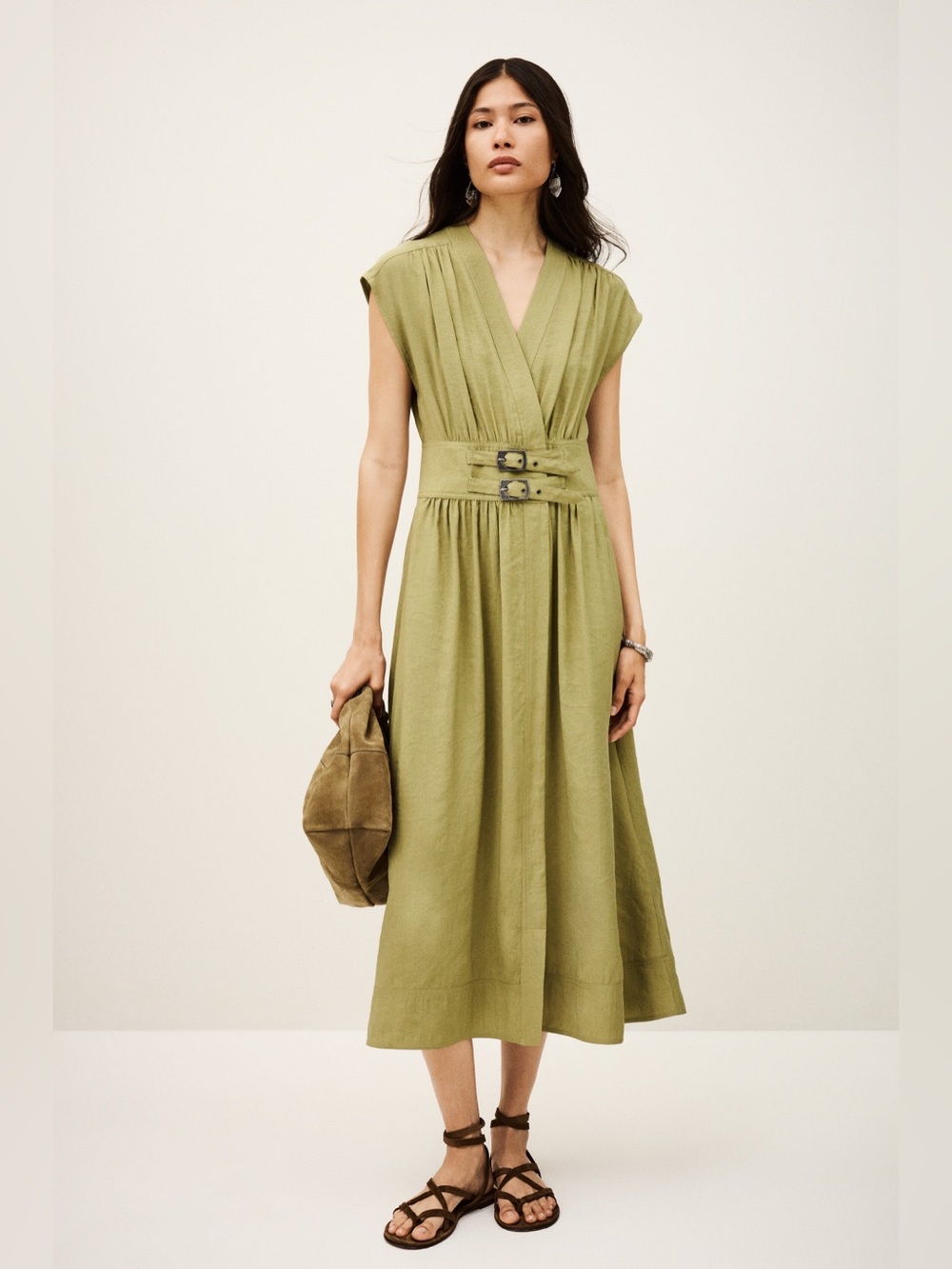 ba&sh Olive Green Wrap Midi Dress with Double-Buckle Waist